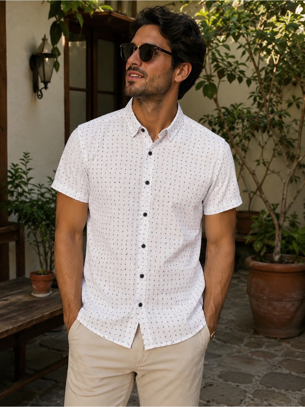 Hang Ten Men's White Short Sleeve Shirt 🌵 Paisley & Cactus Print ☀️ Siz